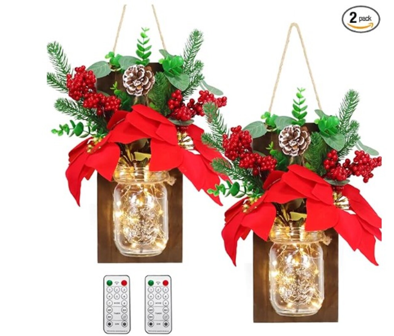 2 Pieces Christmas Mason Jar Wall Decor, Handmade Rustic Wall Sconces with Remote Control LED Fairy Lights and Red Berry Flowers, Hanging Mason Jar for Xmas Farmhouse Wall Home Decor